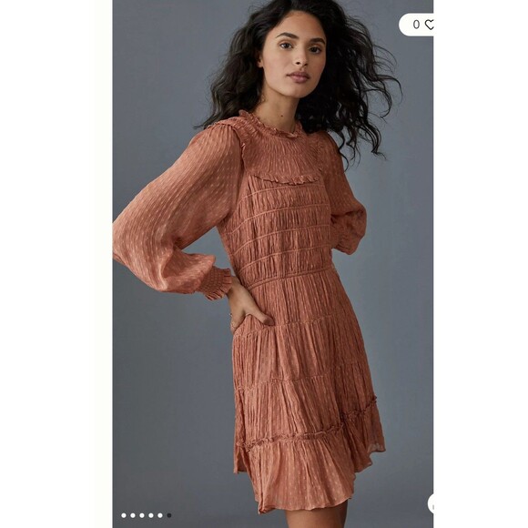 ANTHROPOLOGIE Dalia Smocked Mini Dress Size XS Rust Rose Pink Ruffle Tiered - Picture 1 of 13